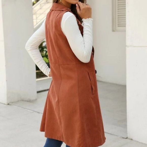Double Breasted Pocket Side Vest Coat - Rusty Brown - Picture 6 of 6